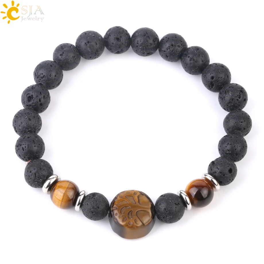 Tiger Eye Csja натуральная Лава браслет с гравировкой Дерево жизни большая бусина Фиолетовый Кристалл Lapis розовый кварц эластичные браслеты для мужчин женщин G005 - Окраска металла: Tiger Eye