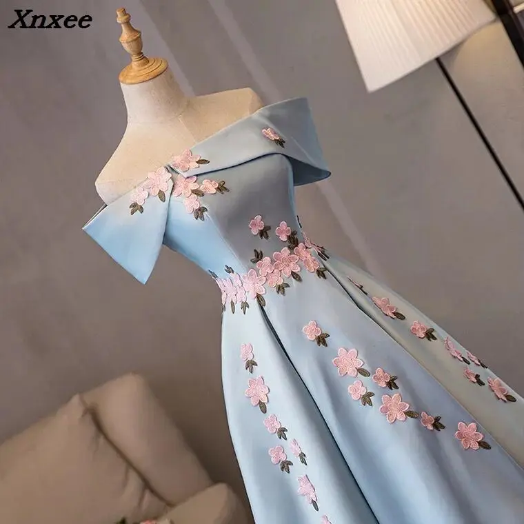 Новинка 2018 Xnxee небесно Голубая атласная Кружевная аппликация платья для