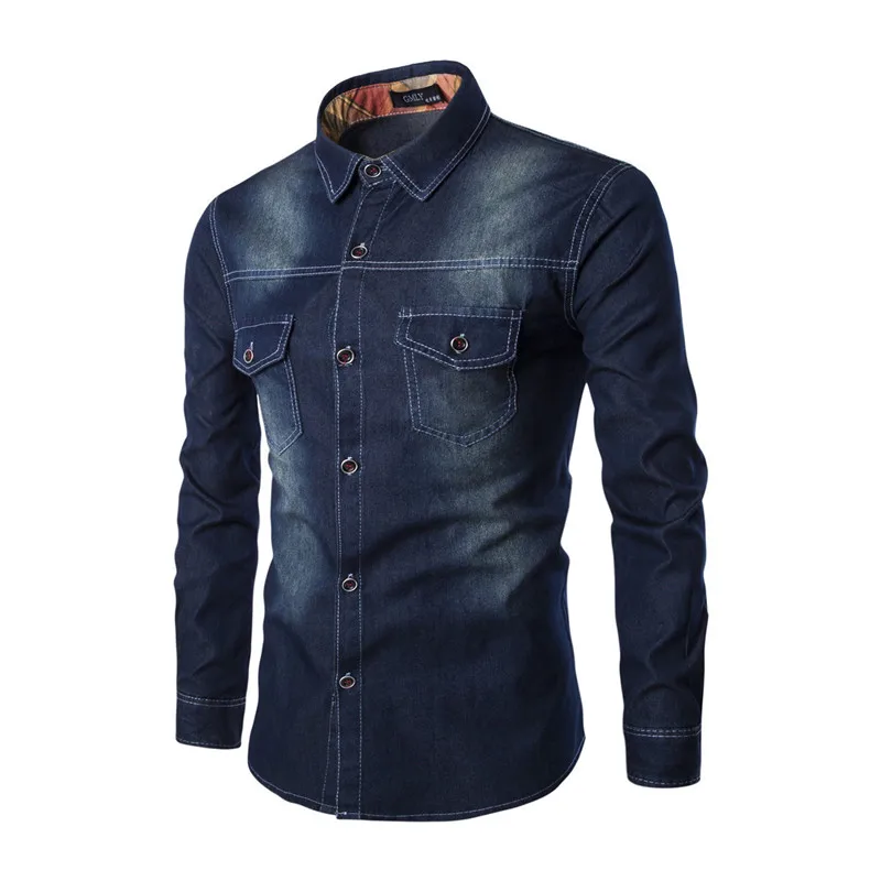 

Denim shirt autumn Men Chest double pocket slim Long-sleeved jean shirt mens Single-breasted Cardigan Plus size Brand clothing