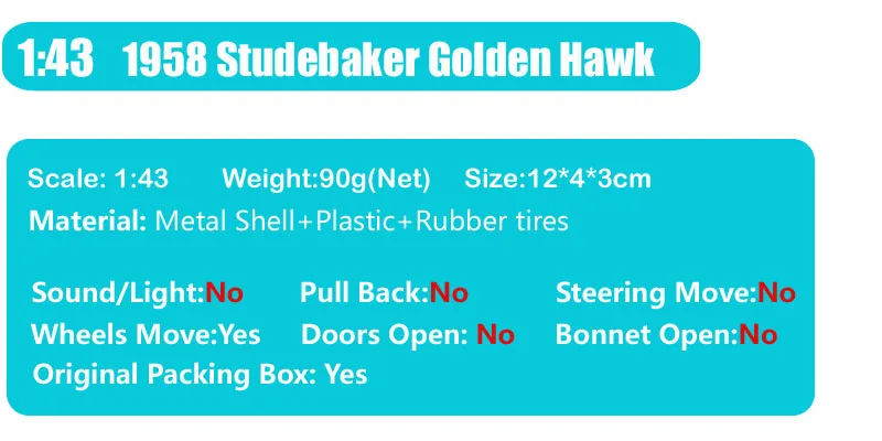 1/43 Масштаб Мини Делюкс 1958 Studebaker Golden Hawk hardtop coupe литой металлический мятный модельный автомобиль фургон игрушки для детей мальчик