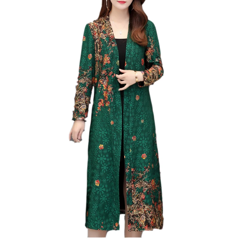 Ветровка женская длинная пальто выше колена кардиган с принтом в этническом