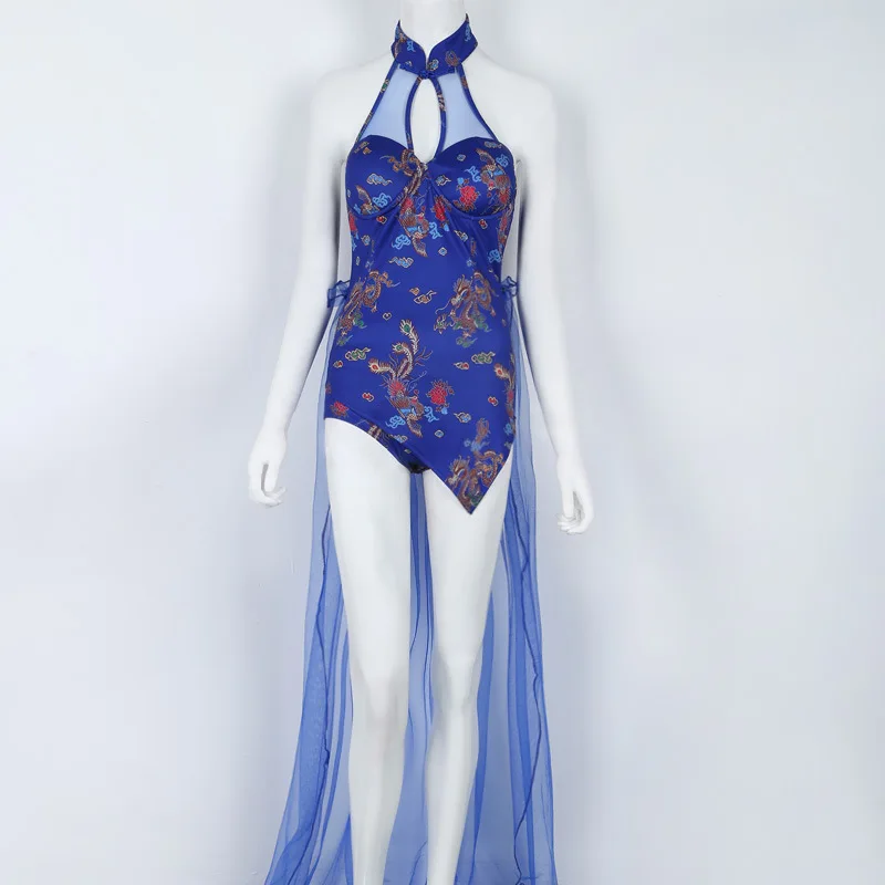 Новинка, Женский костюм в винтажном стиле синего цвета; с принтом костюм Cheongsam Дракон DS вечерние DJ для пения, танцев в сеточку Одежда для сценических выступлений