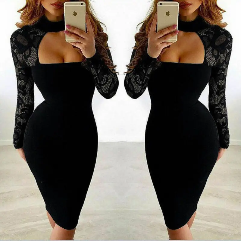 Sexy Lace Hollow Women Ladies Dresses Long Sleeve Bandage Bodycon White Evening Party Solid Color Dress | Женская одежда