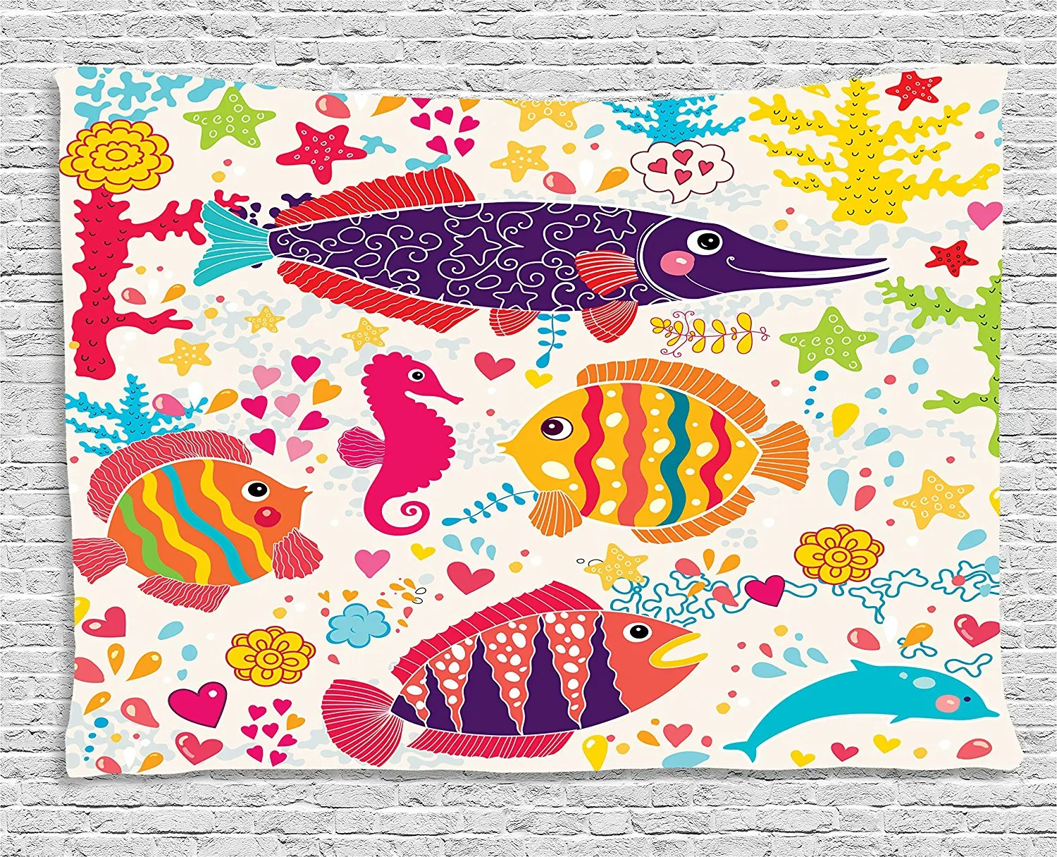 Sea Animals Tapestry Cartoon Art with Fish Seahorse Starfish Dolphin Coral Underwater Life Kids Wall Hanging for Dorm | Дом и сад