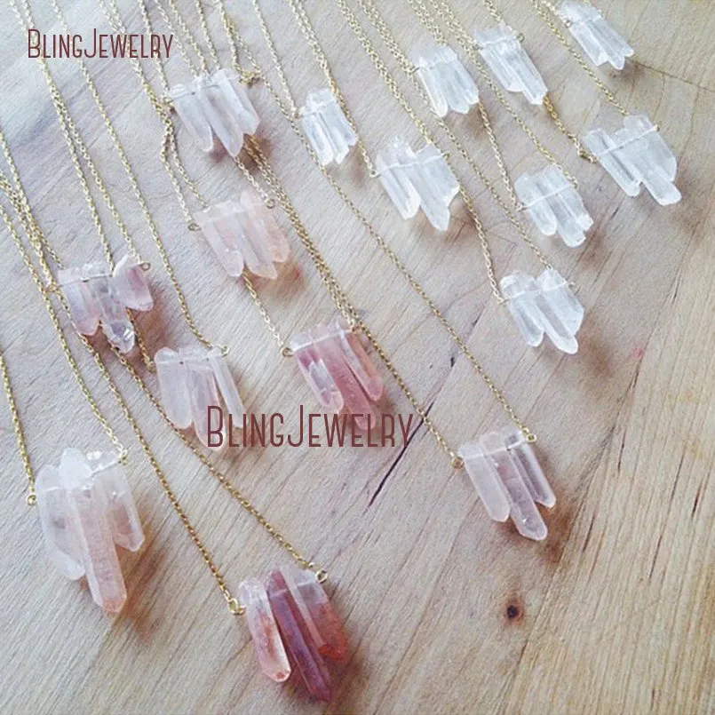 NM18673 Strawberry Crystal Point Necklace or Clear Crystal Quartzs Point Statement Necklace Rough Point Stone Healing Necklace