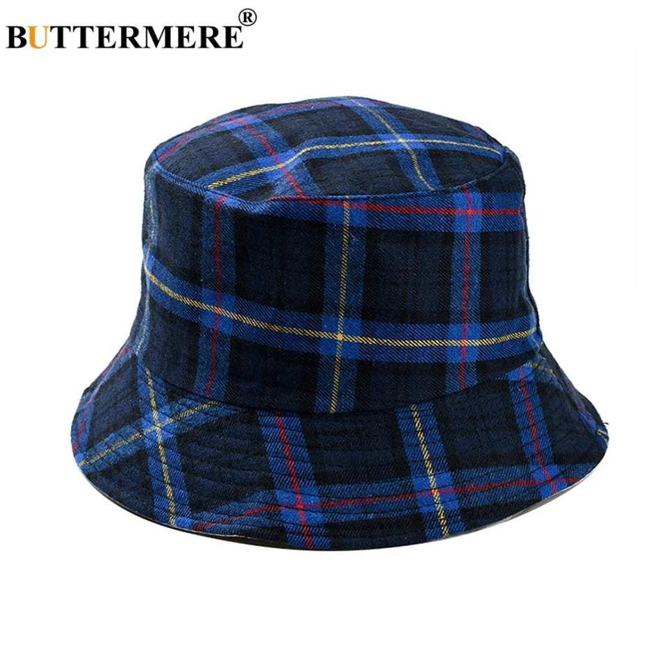 BUTTERMERE Reversible Bucket Hat Women Yellow Plaid Folding Fishing Hat Men Cotton Casual Female Colored Spring Male Bob Hats