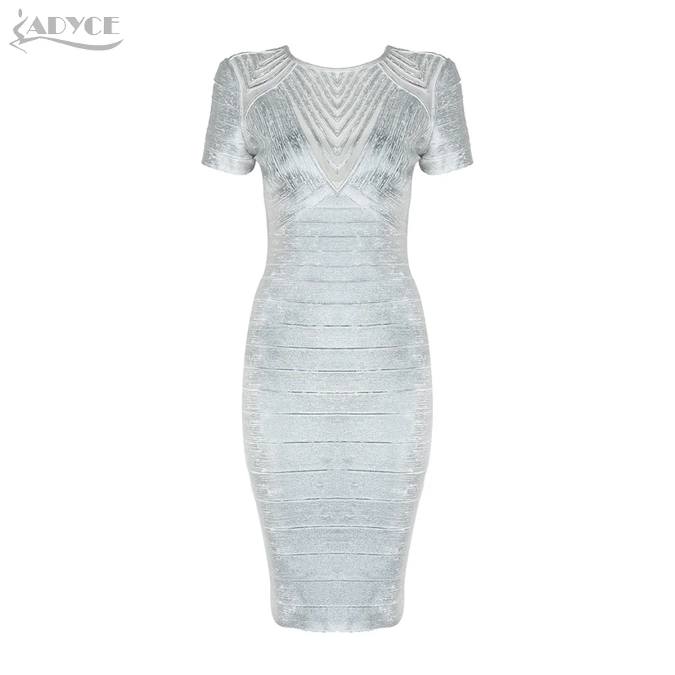 Adyce 2019 New Bandage Dress Chic Silver O Neck Short Sleeve Mesh Sexy Bodycon Dresses Women Celebrity Evening Party | Женская одежда