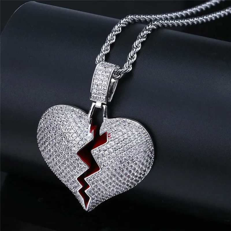 

Lucky Sonny Bling CZ Paved Broken Heart Necklace Hiphop Heart Jewelry Silver Color Rapper Bling Pendants & Necklaces Dropship