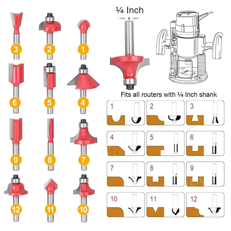 12 шт. фрезы 1/4 ''/8 мм/1/2'' для конических фрез для создания выпуклой филенки карбида древесины резак для лазерной гравировки, обрезки резьба деревообрабатывающий инструмент