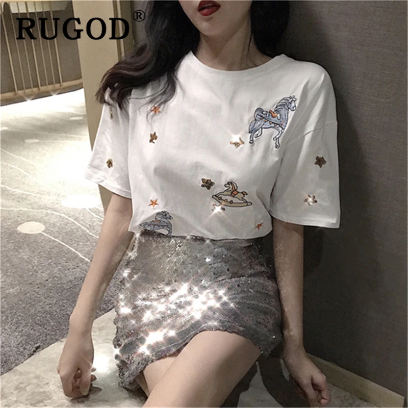 Женские футболки с короткими рукавами RUGOD корейские свободные круглым вырезом и