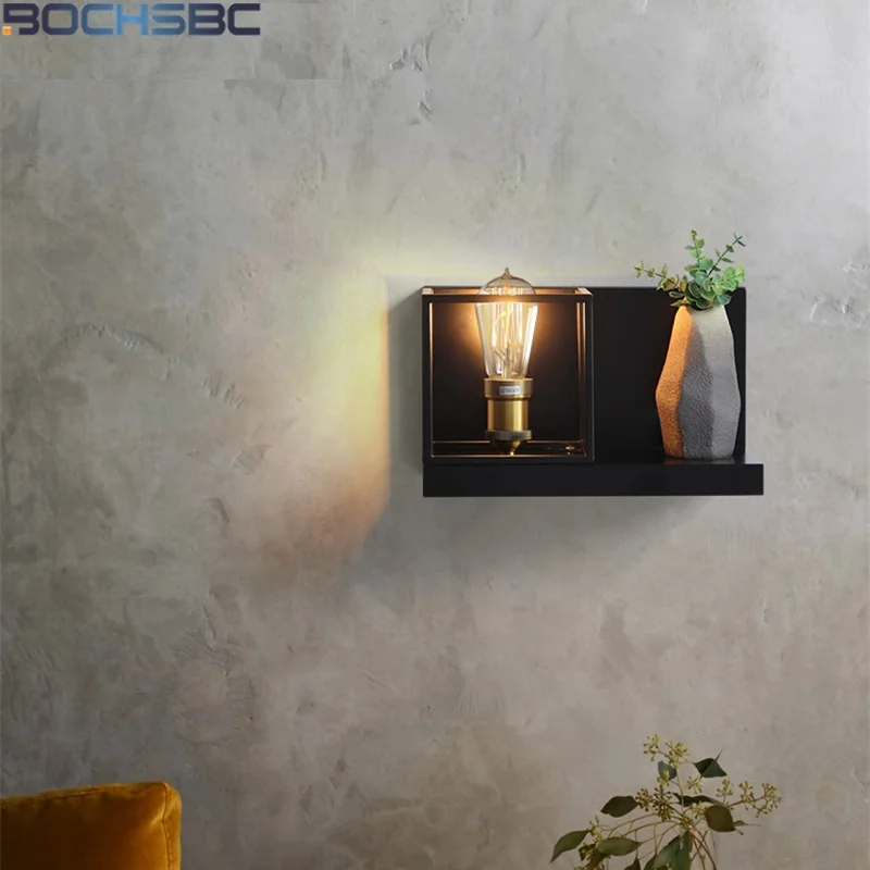 

BOCHSBC Quadrate Flower Vase Plant Wall Lamp Edison E27 LED Bulb 110V 240V Loft Lighting Industrial Lamps Black Iron Art Lights