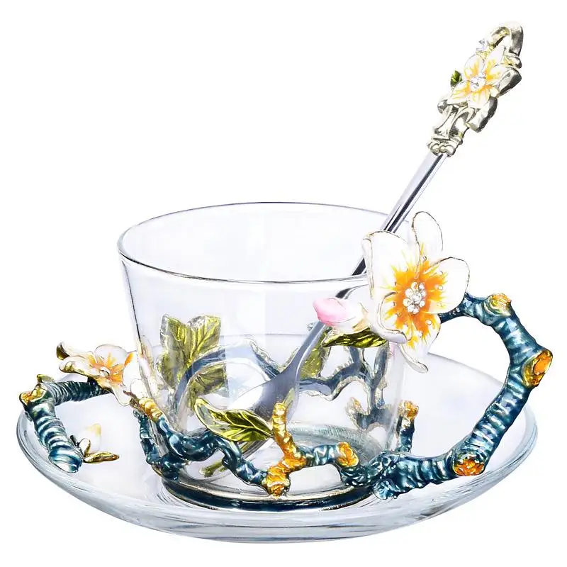 Европейский цветок формы стекла Кофе чашка с блюдцем набор роскошных Творческий