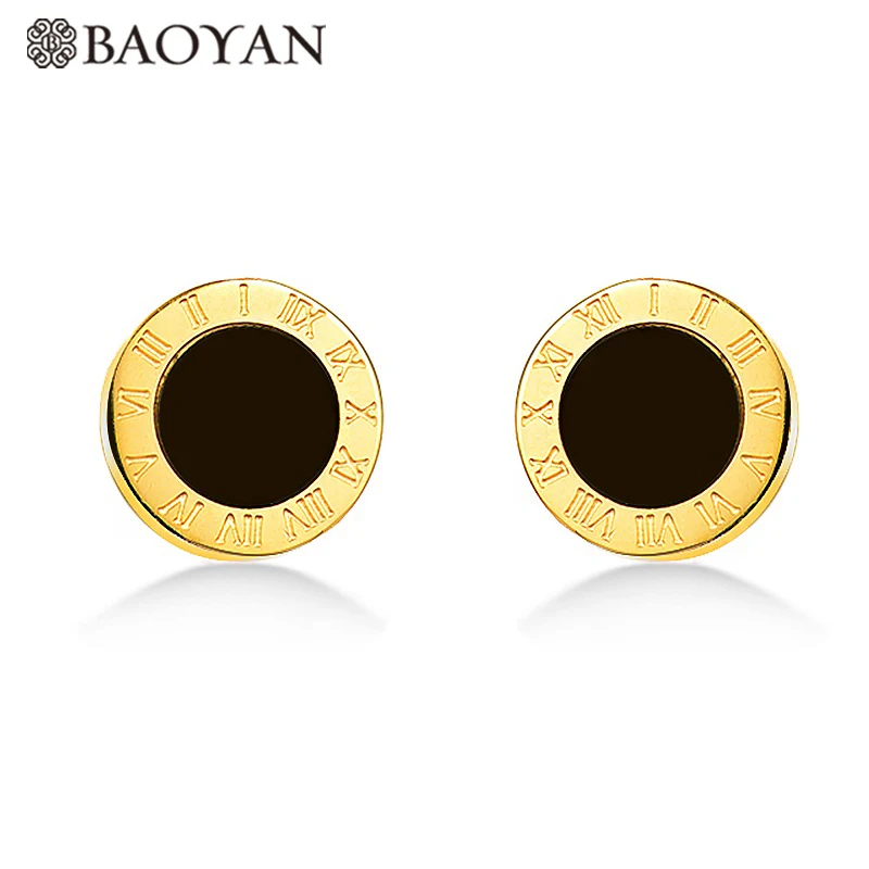 BAOYAN Модные 6 мм римские цифры серьги-гвоздики для женщин золото серебро розовое золото цвет 316L нержавеющая сталь Двухсторонние серьги