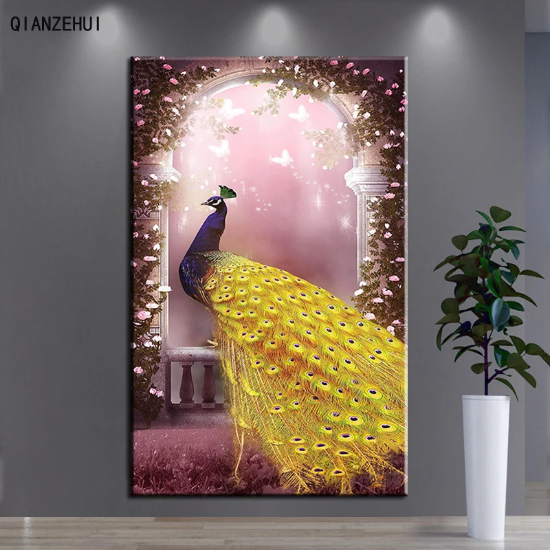 QIANZEHUI DIY Diamond Embroidery Round Golden peacock animal Full rhinestone 5D painting cross stitch needlework | Дом и сад