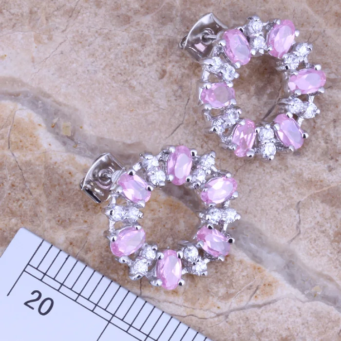 Потрясающий Розовый Белый фианит Посеребренные Ювелирные наборы серьги