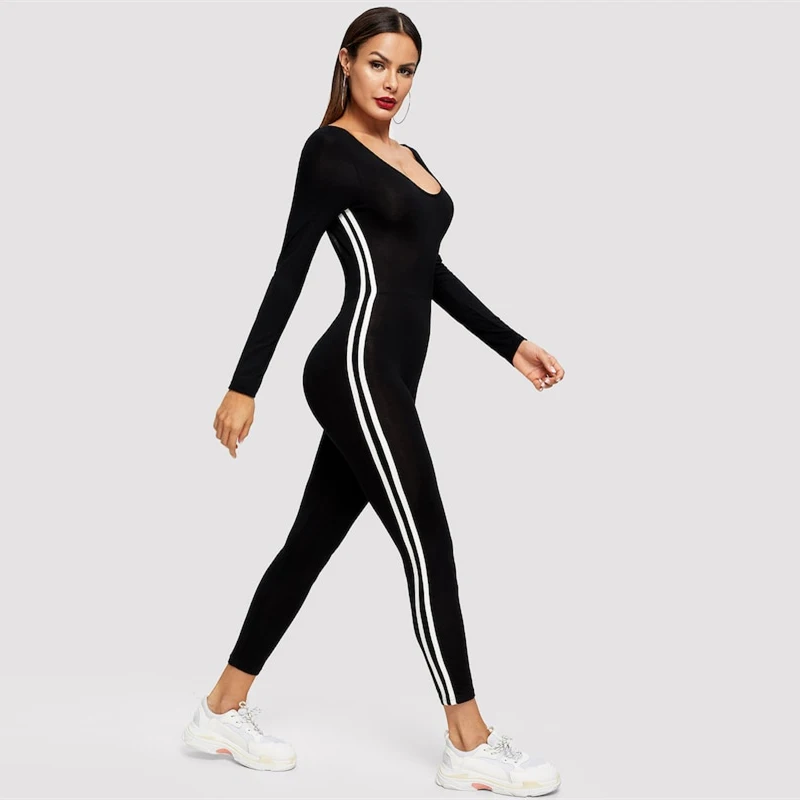SHEIN Комбинезон В Полоску С Открытой Спиной Женский Черный Спортивный Комбинезон С Длинными Рукавами И Круглым Вырезом