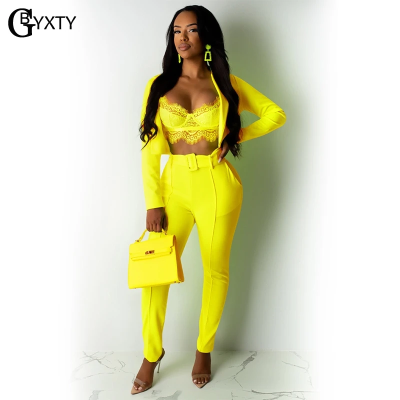 GBYXTY Neon Two Piece Pants Set Ladies Office Suit 2019 Autumn Women Long Sleeve Crop Blazer and 2 Outfit ZL370 | Женская одежда