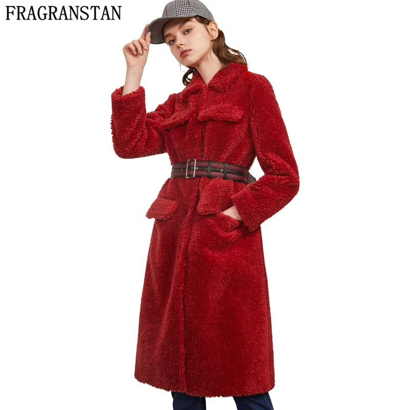 red Женский Зимний натуральный мех, шерсть, пальто, Толстая теплая одноцветная длинная шуба размера плюс с поясом, верхняя одежда для женщин, куртка из овчины Y583 - Цвет: red