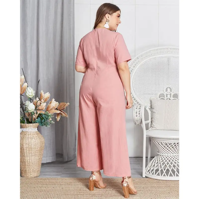 

Women Plus Size Hollow Out Front Bow Tie Elegant Summer V-Neck Wide Leg Pants Long Jumpsuit Romper