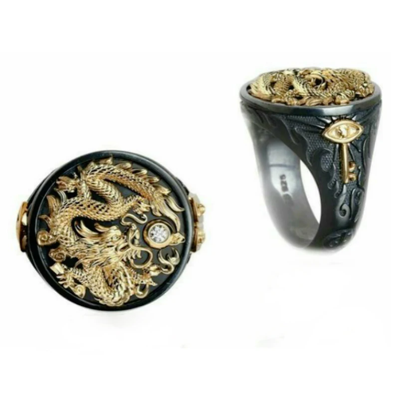 Gothic Punk Ring Men Retro Dragon Rings Black Gun Gold Animal Male Party Jewelry Statement Anillos para hombres Size 7-13 | Украшения и