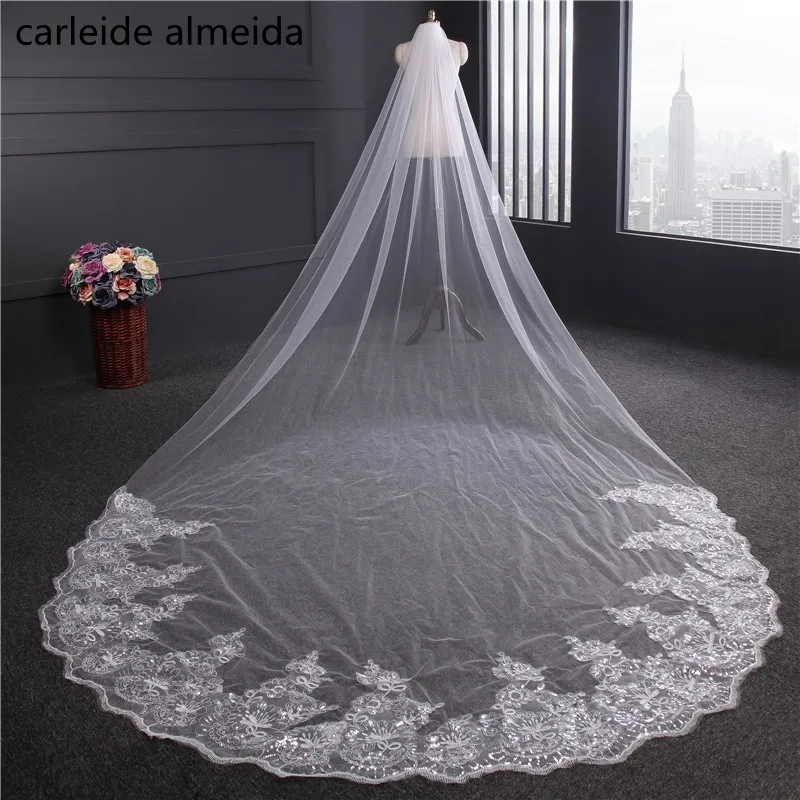 

4M length Wedding Veil with Comb Lace Appliques Veu de Noiva Velo Luxury Schleier One Layer Swiss Tulle Detalles Boda