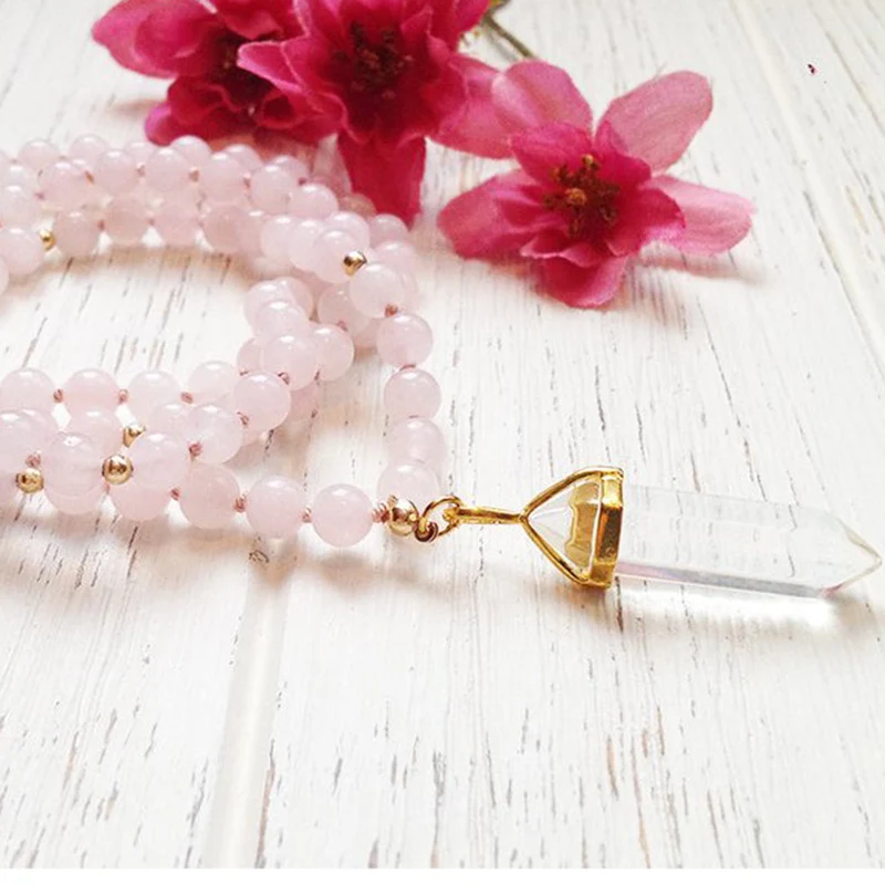 108 Mala Beads Necklace Crystal Jewelry Rose Q-uartz Pink Knotted Yoga Gift For Women Girl | Украшения и аксессуары