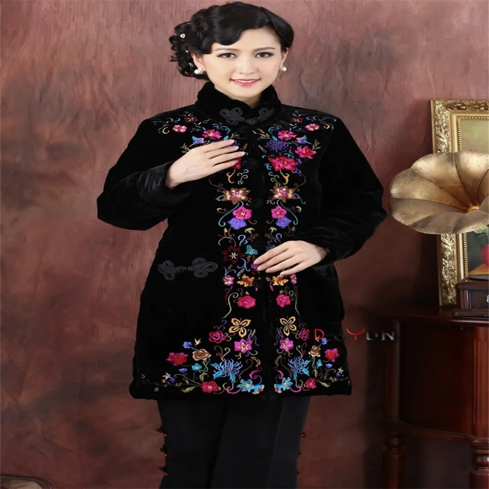 Черная Женская Стеганая куртка высокого качества в китайском стиле для среднего