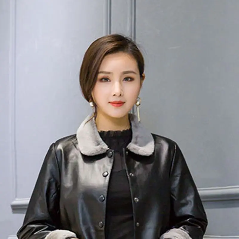 2018 зимнее женское кожаное пальто новый стиль мода средней длины меховой воротник