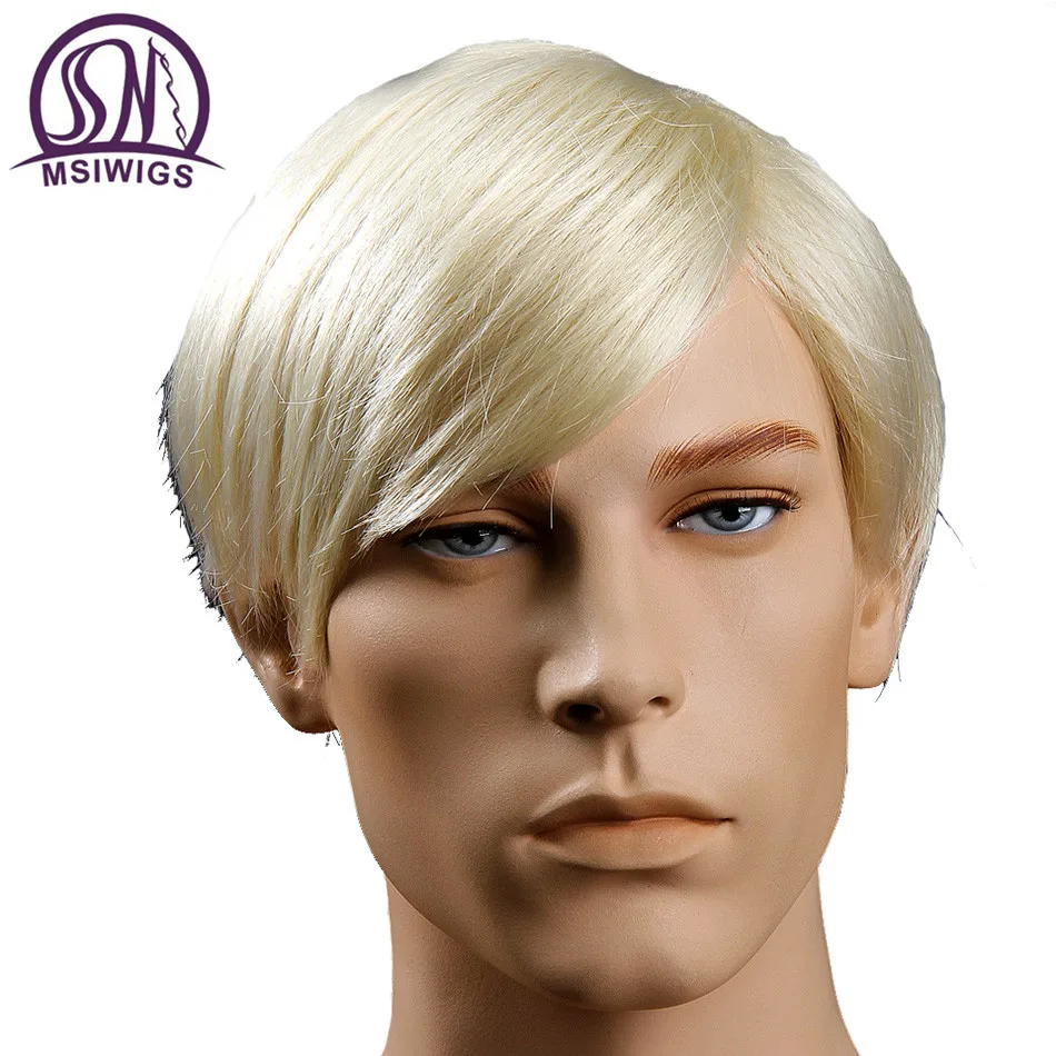 MSI Wigs 6 дюймов короткие прямые синтетические мужские парики темно-коричневый цвет натуральный мужской парик с боковой челкой Термостойкое волокно
