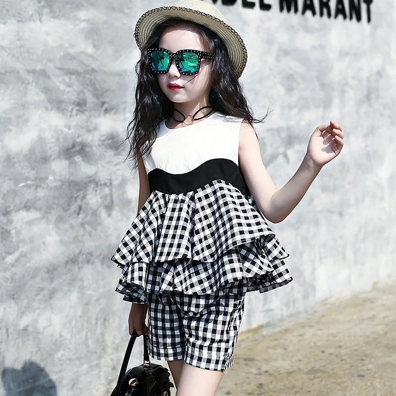 Костюм для девочек подростков Клетчатая блузка и шорты комплект одежды