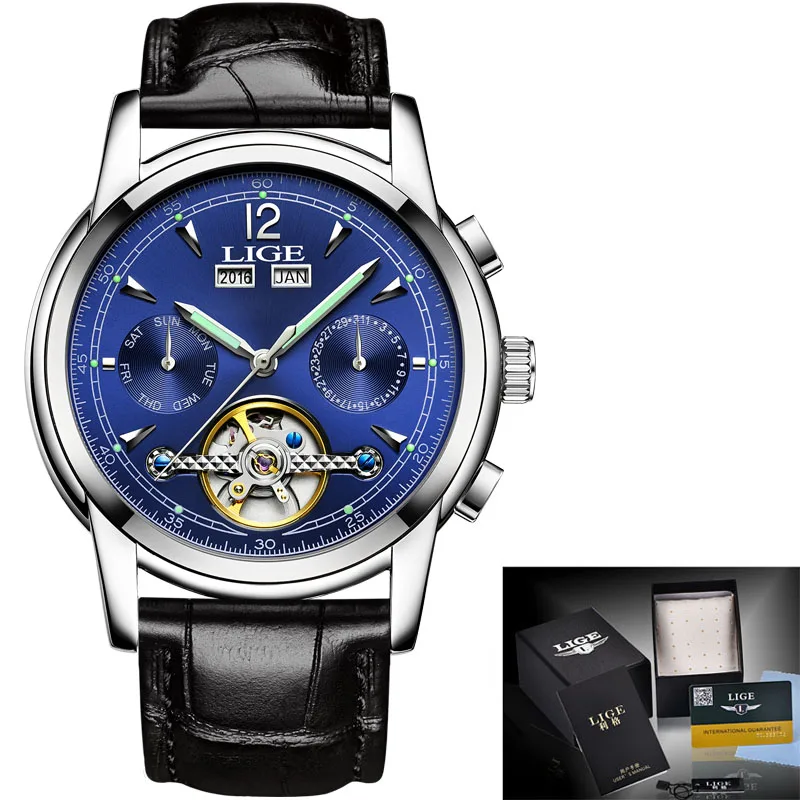 9803 E Relogio masculino мужские часы Топ бренд Luxruy LIGE автоматические часы мужские водонепроницаемые спортивные часы мужские кожаные деловые наручные часы - Цвет: 9803 E