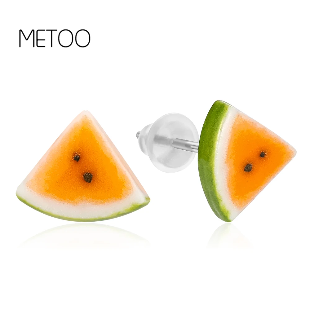 METOO Fashion Watermelon earrings Cantaloupe children kids Fruits Earrings Ceramic Handmade|Серьги-гвоздики| |