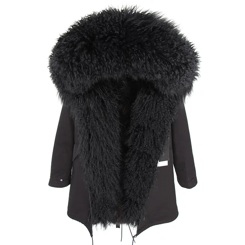 2020 Winter Jacket Women Coat Real Natural Mongolia Sheep Fur Collar Hood Raccoon Liner Thick Parkas Detachable Outerwear | Женская