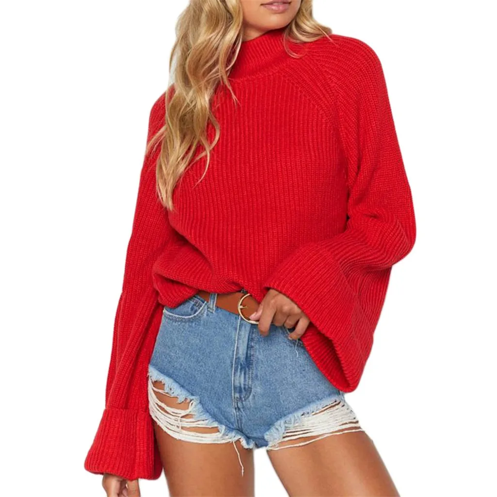 Turtleneck Sweater Women Pullover Plus Size Knitted Solid Bell Sleeve O-Neck Blouse 2019 | Женская одежда
