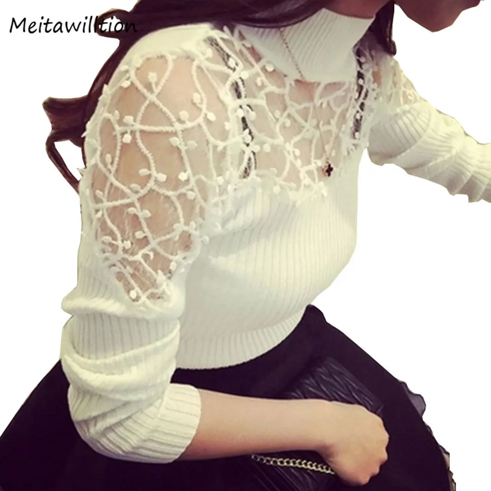 2022 Autumn Winter Women Sweater Turtle Neck Lace Knitted Pullover Female Sexy Knitwear Hollow Long Sleeve Suter Pull Femme | Женская