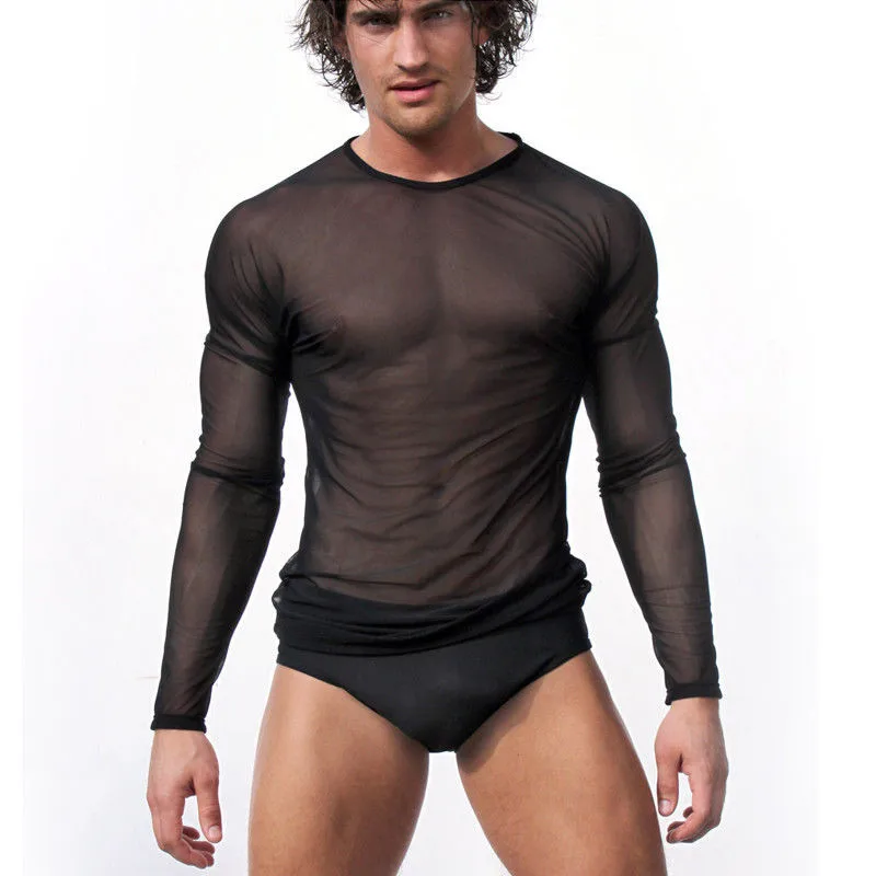 Мужская прозрачная Сетчатая футболка черно-белая облегающая с длинными рукавами