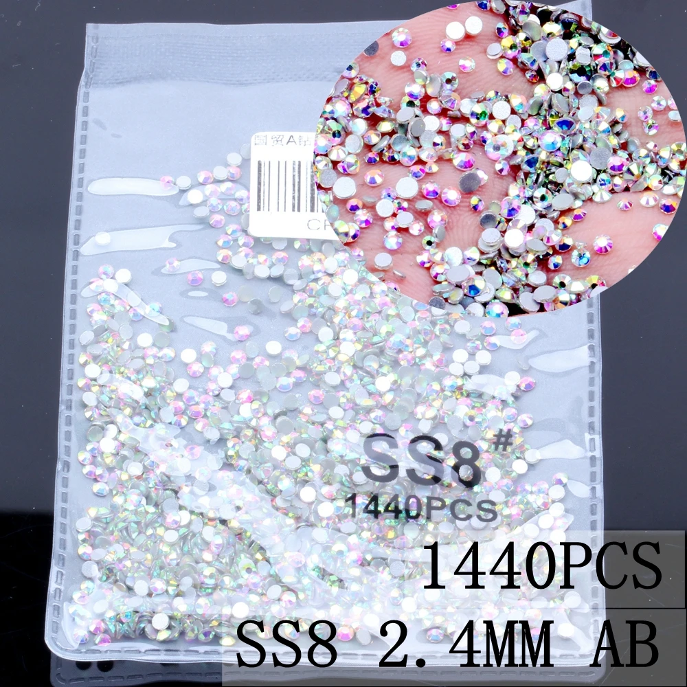 AB ss8 1440pcs 3D Стразы для ногтей, SS3-SS8, хрустальные стразы, плоские с оборота, Стразы для ногтей, не Горячие фиксации, украшение для ногтей, сделай сам, стеклянный маникюр - Цвет: AB ss8 1440pcs