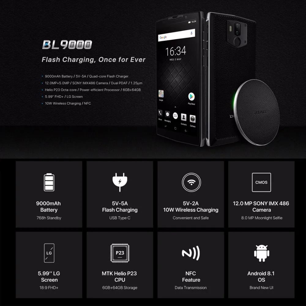 DOOGEE BL9000 Smartphone 64GB ROM 6GB RAM 5.99&quot Screen 4G MTK6763 Octa Core Andorid 8.1 12MP+5MP Dual Rear Cam 9000mAh NFC OTG |