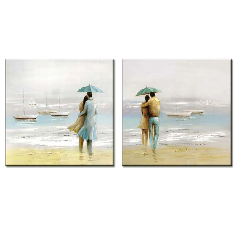 

Hand Painted Abstract Art Two Pieces Couple Canvas Oil Painting Abstract Beach Seascape Wall Picture For Living Room Home Decor