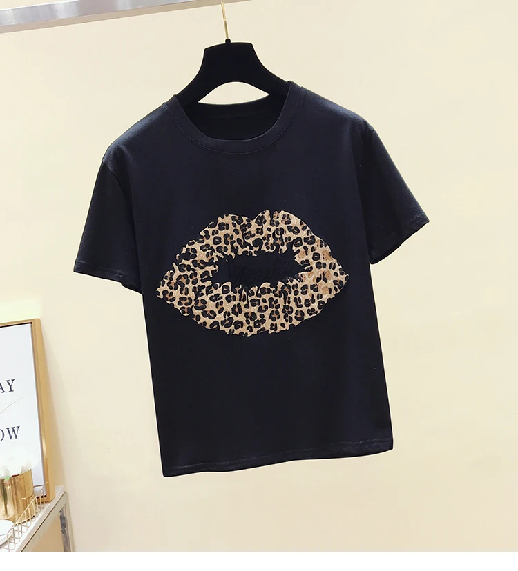 Лето 2019 Новое поступление leopard письма с коротким рукавом женская футболка летняя