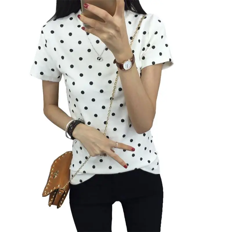 

Women's Summer T-Shirt Clothes Shirt O-neck Polka Dotted Short Tops Bottoming Tops Women Clothes