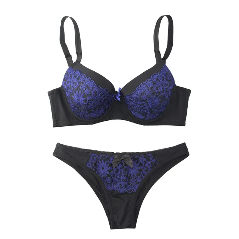 blue thin padded MiaoErSiDai, комплект женского нижнего белья с полной чашкой, пуш-ап бюстгальтер, кружевное нижнее белье, с принтом, комплект нижнего белья с бюстгальтером на косточках, трусики и стринги, чашка с B-DD, 32-44 - Цвет: blue thin padded