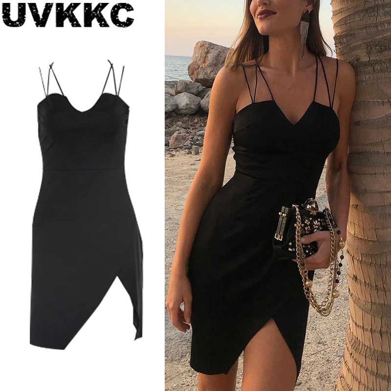 Uvkkc женское сексуальное платье 2019 летнее Vestido ремень Сплит v-образный вырез