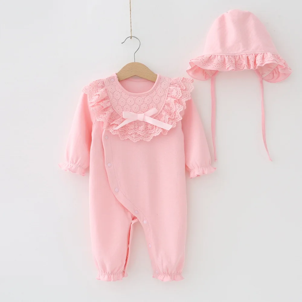 pink romper Новинка года; одежда для малышей спальный мешок для девочек; кружевное принцесса вечернее платье infantil вечерние комбинезоны для новорожденных; комбинезон для крещения+ шапка; комплект - Цвет: pink romper