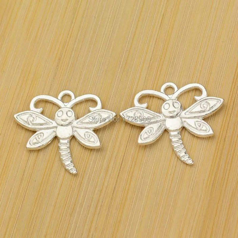 

( 10pcs/lot ) 22x25mm Bright Silver Plated Cute Cartoon Dragonfly Pendant Charms Zinc Alloy Jewelry Findings