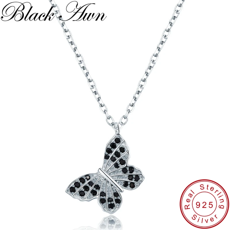 

[BLACK AWN] Natural Anima Butterfly 925 Sterling Silver Jewelry Black Spinel Slide Women's Necklace Pendants P190
