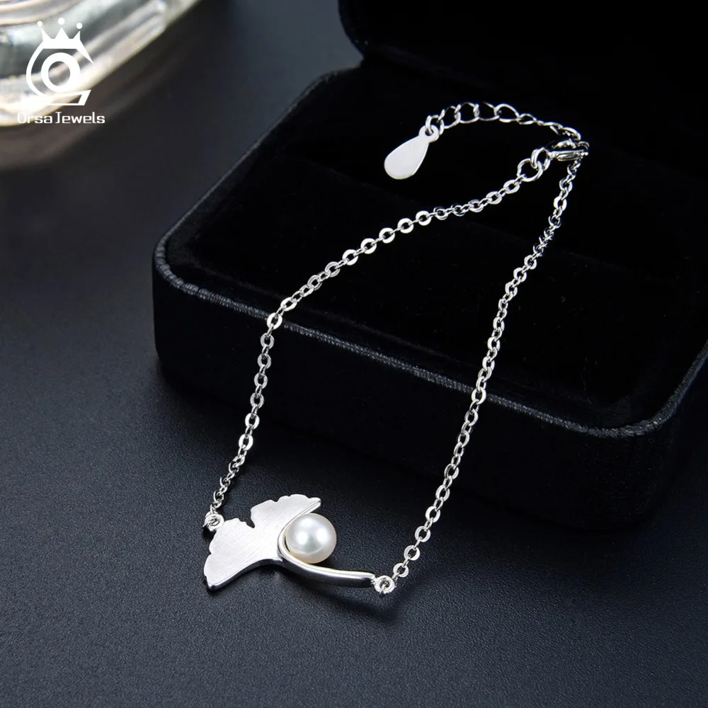 ORSA JEWELS Аутентичные 925 серебряные браслеты для женщин гинкго билоба и жемчужный узор серебряный цвет женские ювелирные изделия для вечеринки SB39