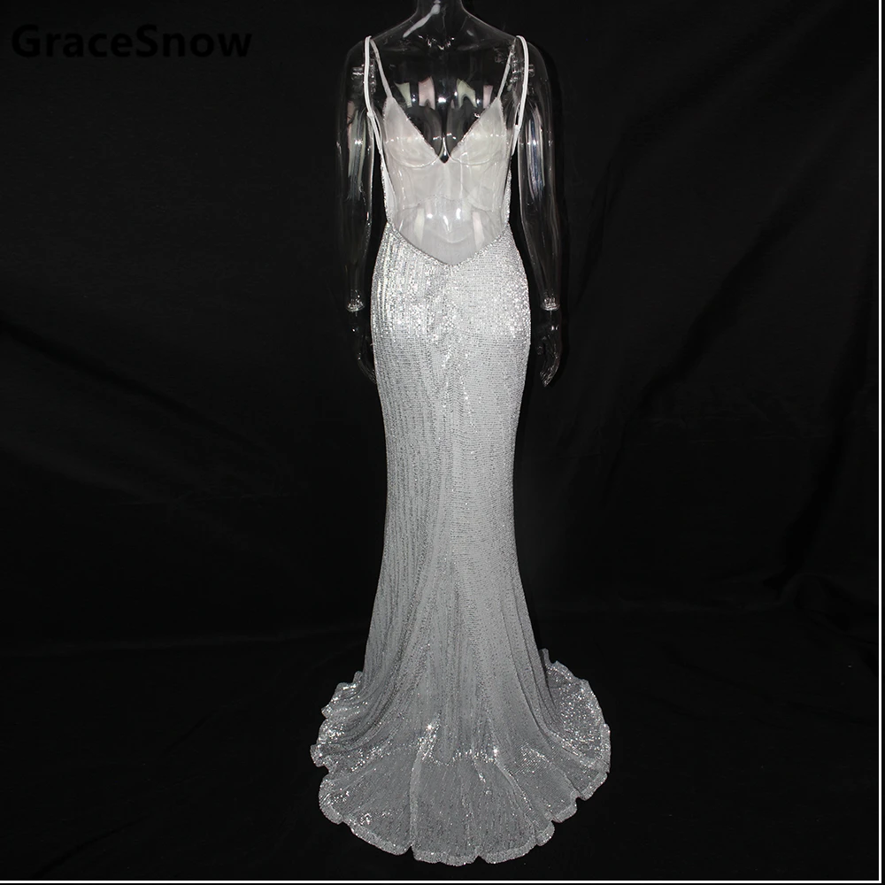 Пикантные серебряные Sequined Open Back Padded Платье Пол Длина серебро Блёстки без рукавов