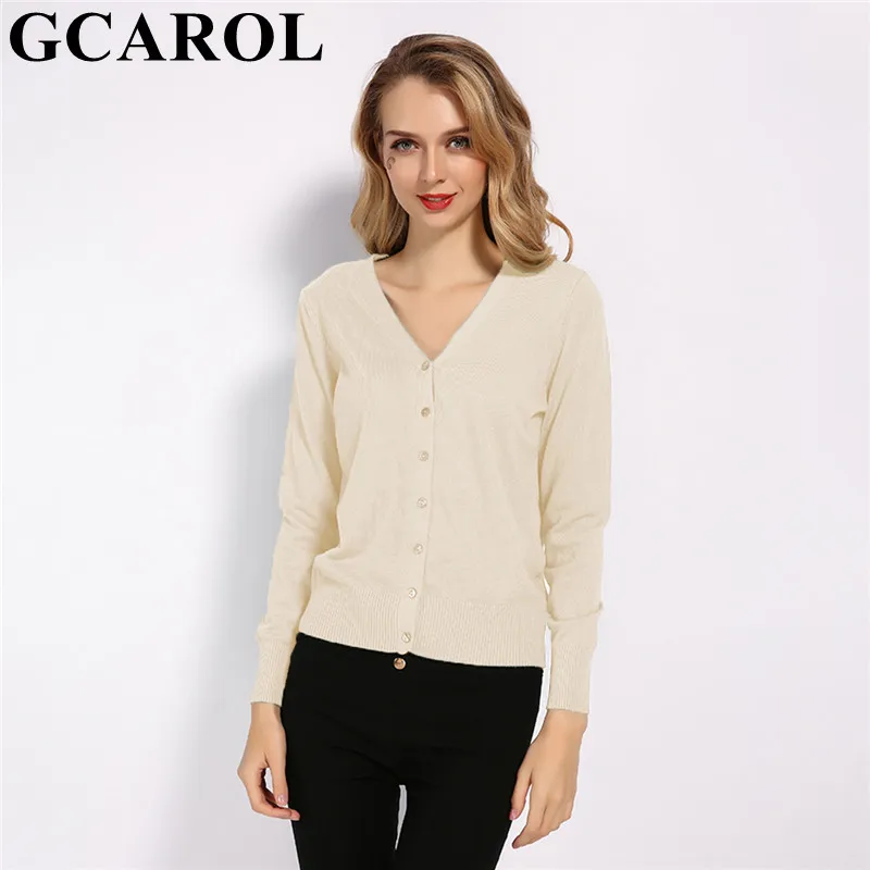 Apricot GCAROL женский кардиган из 30% шерсти с v-образным вырезом Осень-зима минималистичный OL короткий вязаный жакет элегантный стретч-трикотаж S-2XL - Цвет: Apricot