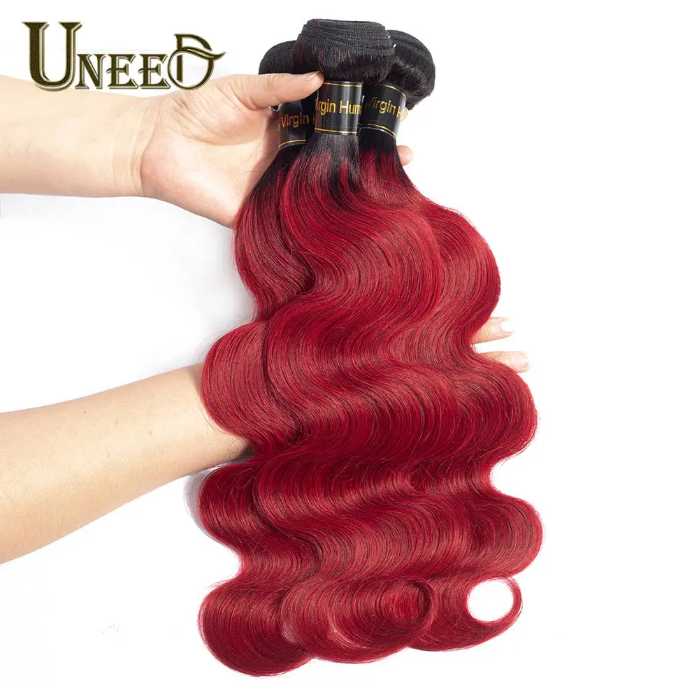 Burgundy Bundles 1/3/4 Pcs Ombre Brazilian Body Wave No-Remy Human Hair Weave Bundles Dark Roots Wine Red Brazilian Hair Weaving